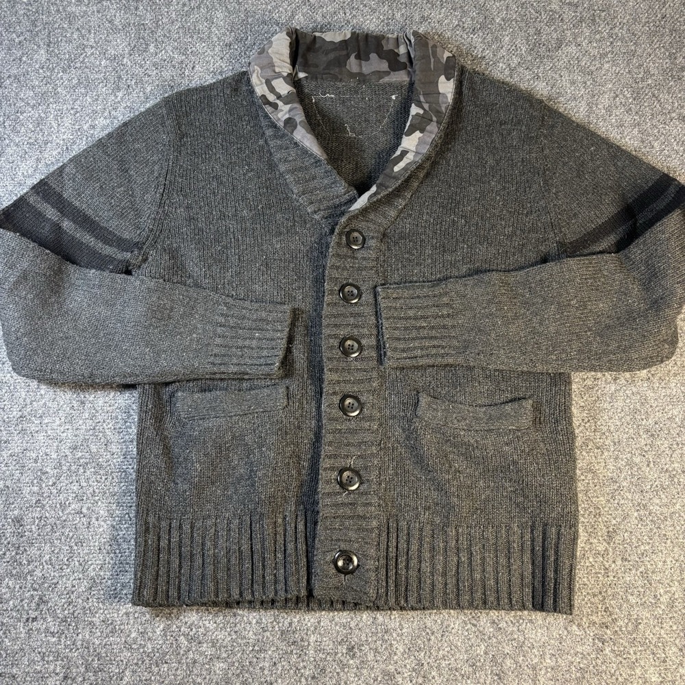 Seduka Cardigan Sweater Mens‎ L Gray Camo Shawl Collar Lambswool Blend Varsity